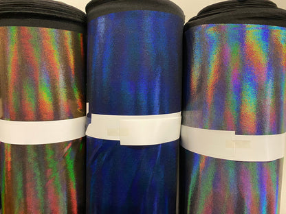 Oil slick hologram nylon spandex iridescent all over foil 4-way stretch 58/60” Sold by the YD. Ships worldwide from Los Angeles CA