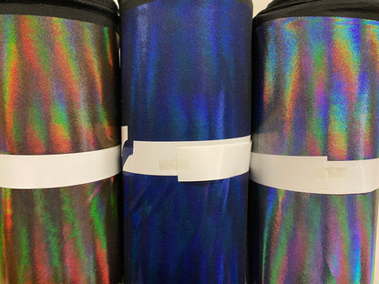 Oil slick hologram nylon spandex iridescent all over foil 4-way stretch 58/60” Sold by the YD. Ships worldwide from Los Angeles CA