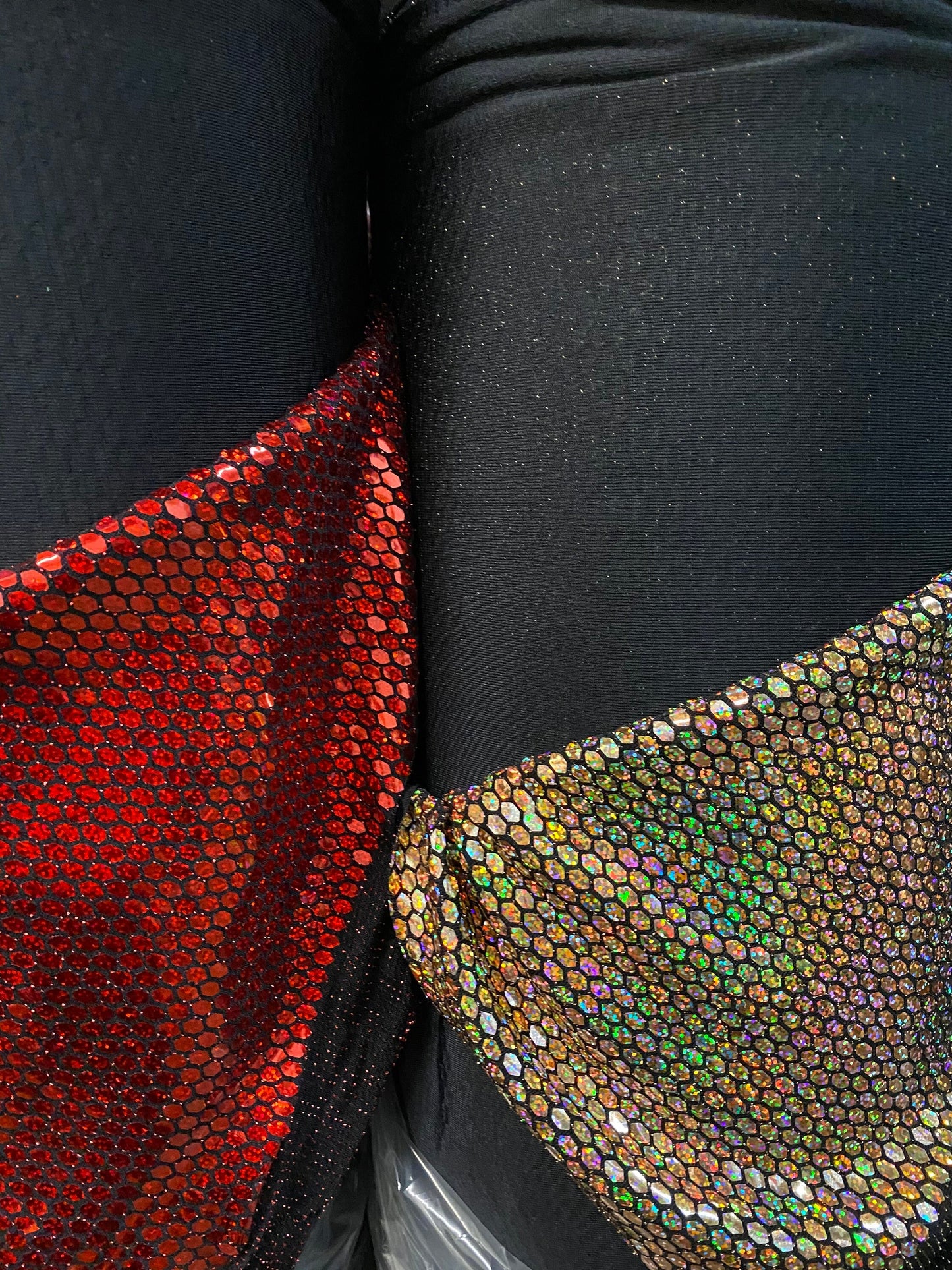 New geometric honeycomb design with flat mirror iridescent sequins all over nylon spandex 2-way stretch 58/60” Sold by the YD.