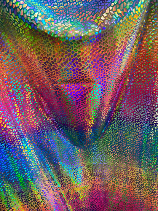 New stone design iridescent sequins on rainbow nylon spandex 4-way stretch 58/60” Sold by the YD. Ships worldwide from Los Angeles CA USA.