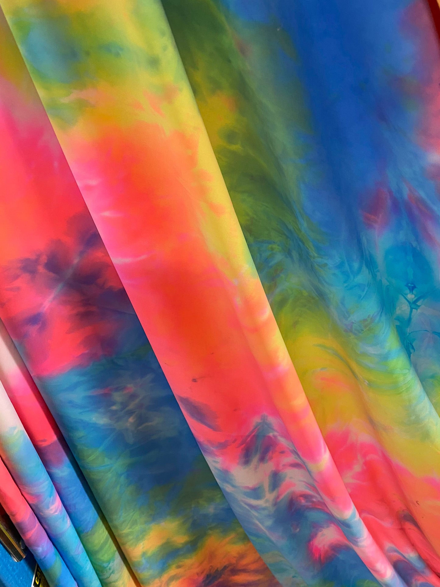 Rainbow tie dye great quality nylon spandex 4-way stretch 58/60” Sold by the YD. Ships worldwide from Los Angeles California USA.