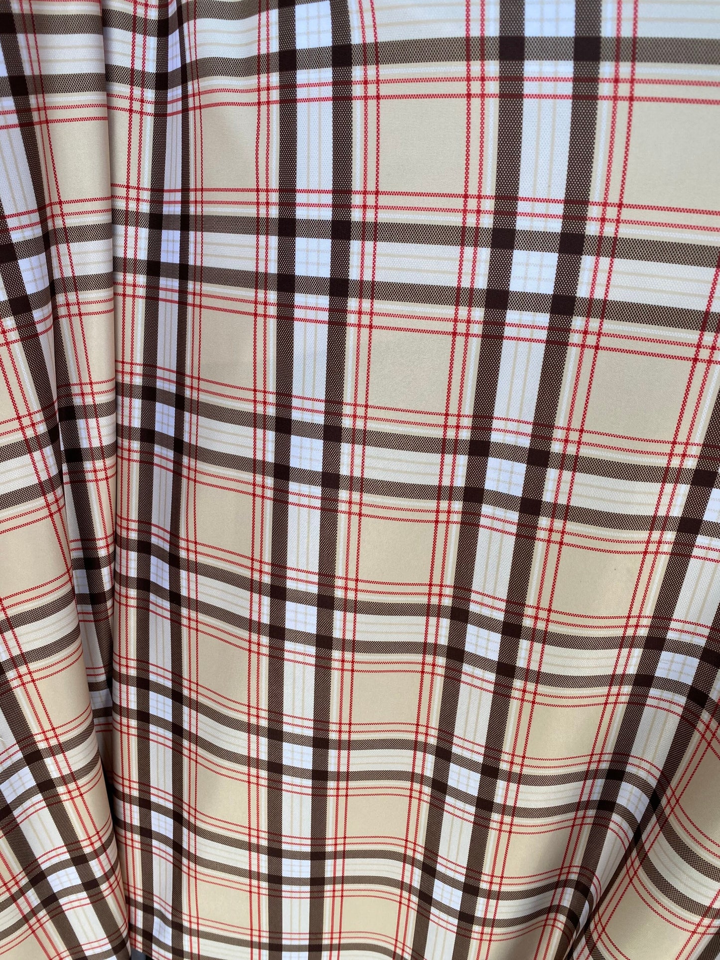 Luxury Brand Taupe plaid design print on poly spandex 4way stretch 58/60” Sold by the YD. Ships worldwide from Los Angeles California USA