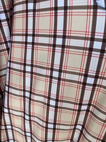 Luxury Brand Taupe plaid design print on poly spandex 4way stretch 58/60” Sold by the YD. Ships worldwide from Los Angeles California USA