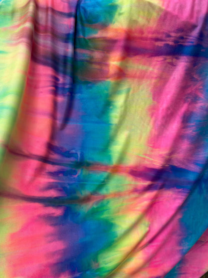 New print nylon spandex tie dye design bright colors 4-way Stretch 58-60” Sold by the YD. Ships worldwide from Los Ángeles California USA.