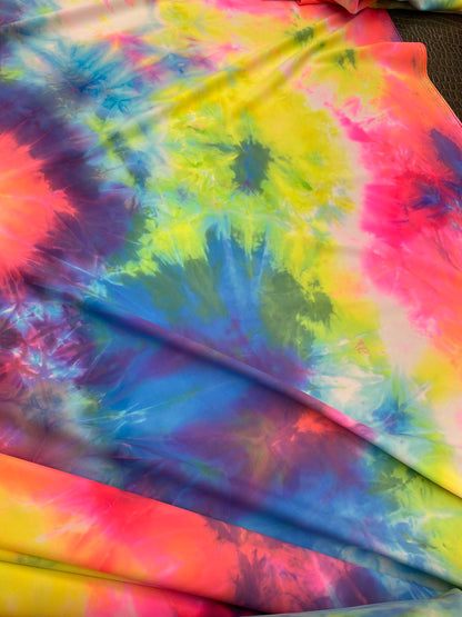 Great quality of tie dye nylon spandex 4-way stretch multicolor 58/60” Sold by the YD. Ships worldwide from Los Angeles California USA.