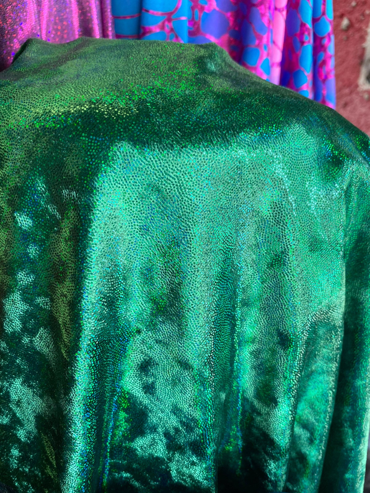 New oil slick iridescent foggy foil on stretch velvet 4-way stretch 58/60” Sold by the YD. Ships worldwide from Los Angeles California USA.