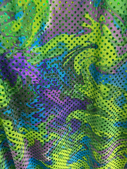 New lava design with hologram circle trans sequins poly spandex medium weight 2 way stretch 58/60” Sold by the YD. Ships worldwide from L.A