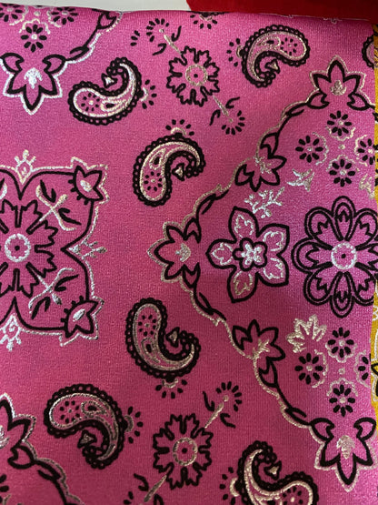 Paisley bandana design  with foil print on best quality of nylon spandex 4-way Stretch 58/60” Sold by the YD. Ships worldwide from L.A CA US