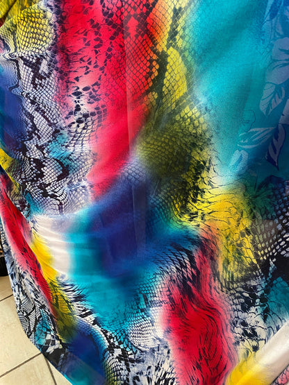 New exotic snake design print on tie dye mesh multicolor 58/60” Sold by the YD. Ships worldwide from Los Ángeles California USA.