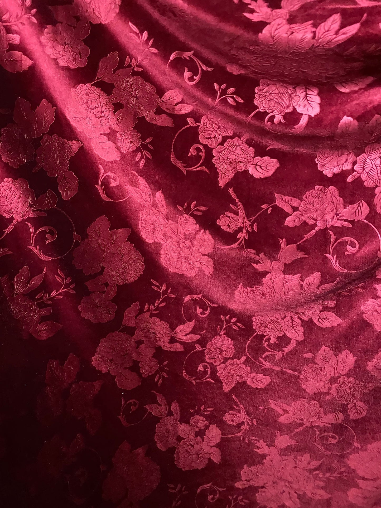 New Italian embossed velvet flower design merlot color luxury 4-way stretch velvet 58/60” Sold by the YD. Ships worldwide from Los Angeles.