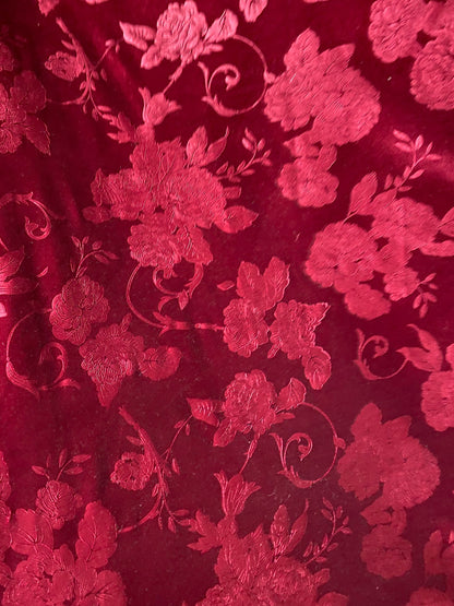 New Italian embossed velvet flower design merlot color luxury 4-way stretch velvet 58/60” Sold by the YD. Ships worldwide from Los Angeles.