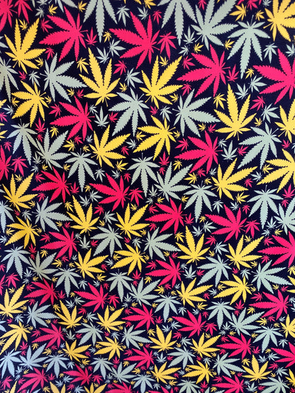 New weed leaf design print on nylon spandex 4-way Stretch 58/60” Sold by the YD. Ships worldwide from Los Angeles California USA.