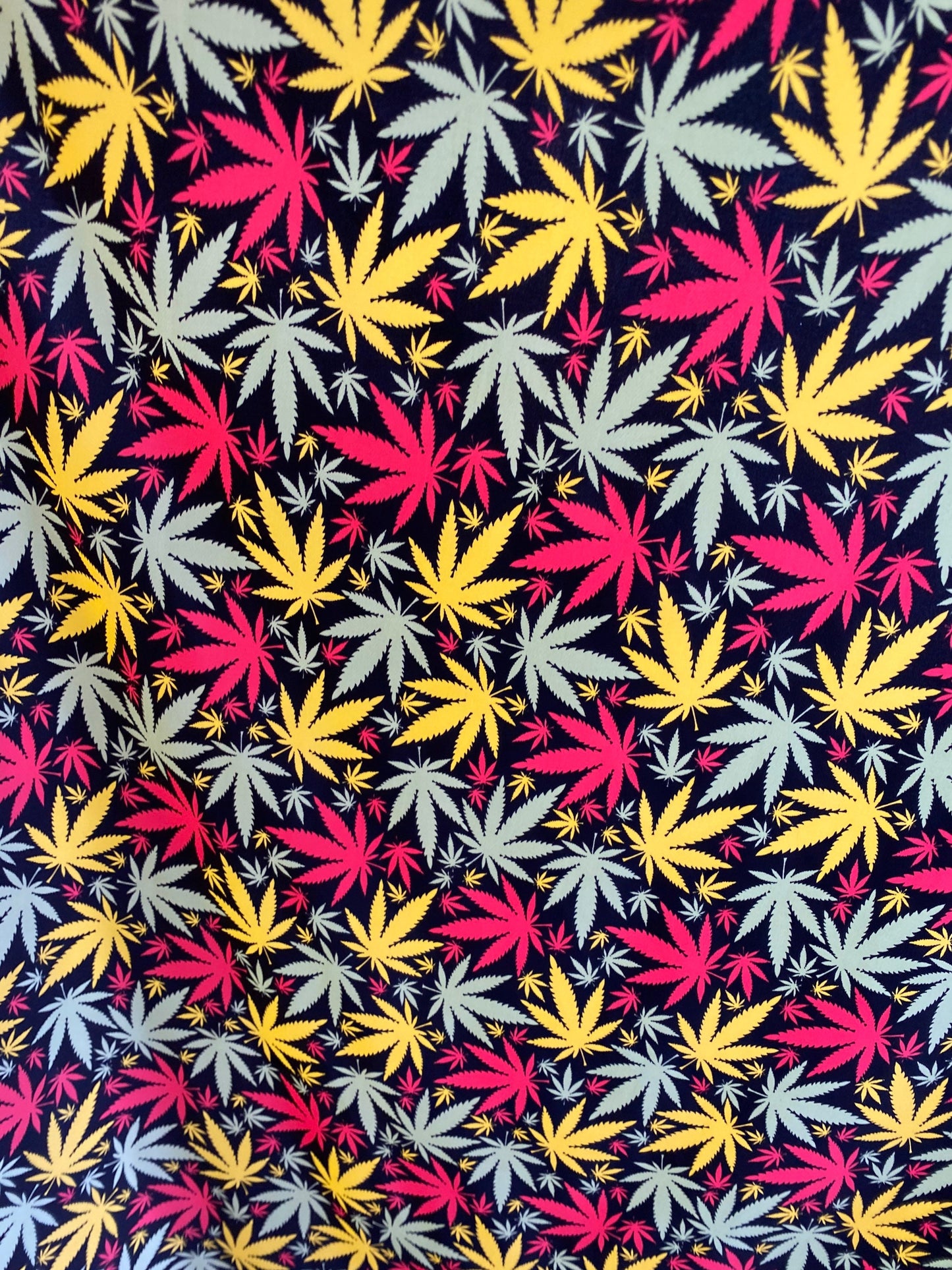 New weed leaf design print on nylon spandex 4-way Stretch 58/60” Sold by the YD. Ships worldwide from Los Angeles California USA.