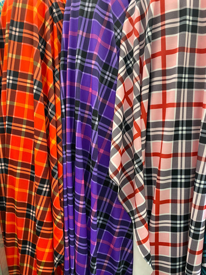 Great plaid design print on nylon spandex 4-way stretch 58/60” Sold by the YD. Ships worldwide from Los Angeles California USA.