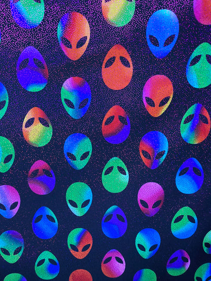 Mars Alien design Uv light it glows in the dark with black light best quality of nylon spandex with foggy foil 4-way stretch 58/60”