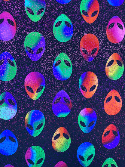 Mars Alien design Uv light it glows in the dark with black light best quality of nylon spandex with foggy foil 4-way stretch 58/60”