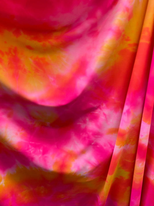 New tie dye nylon spandex pink/orange/yellow best quality 4-way stretch 58/60” Sold by the YD. Ships worldwide from Los Angeles California.