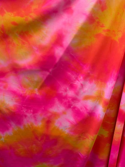 New tie dye nylon spandex pink/orange/yellow best quality 4-way stretch 58/60” Sold by the YD. Ships worldwide from Los Angeles California.