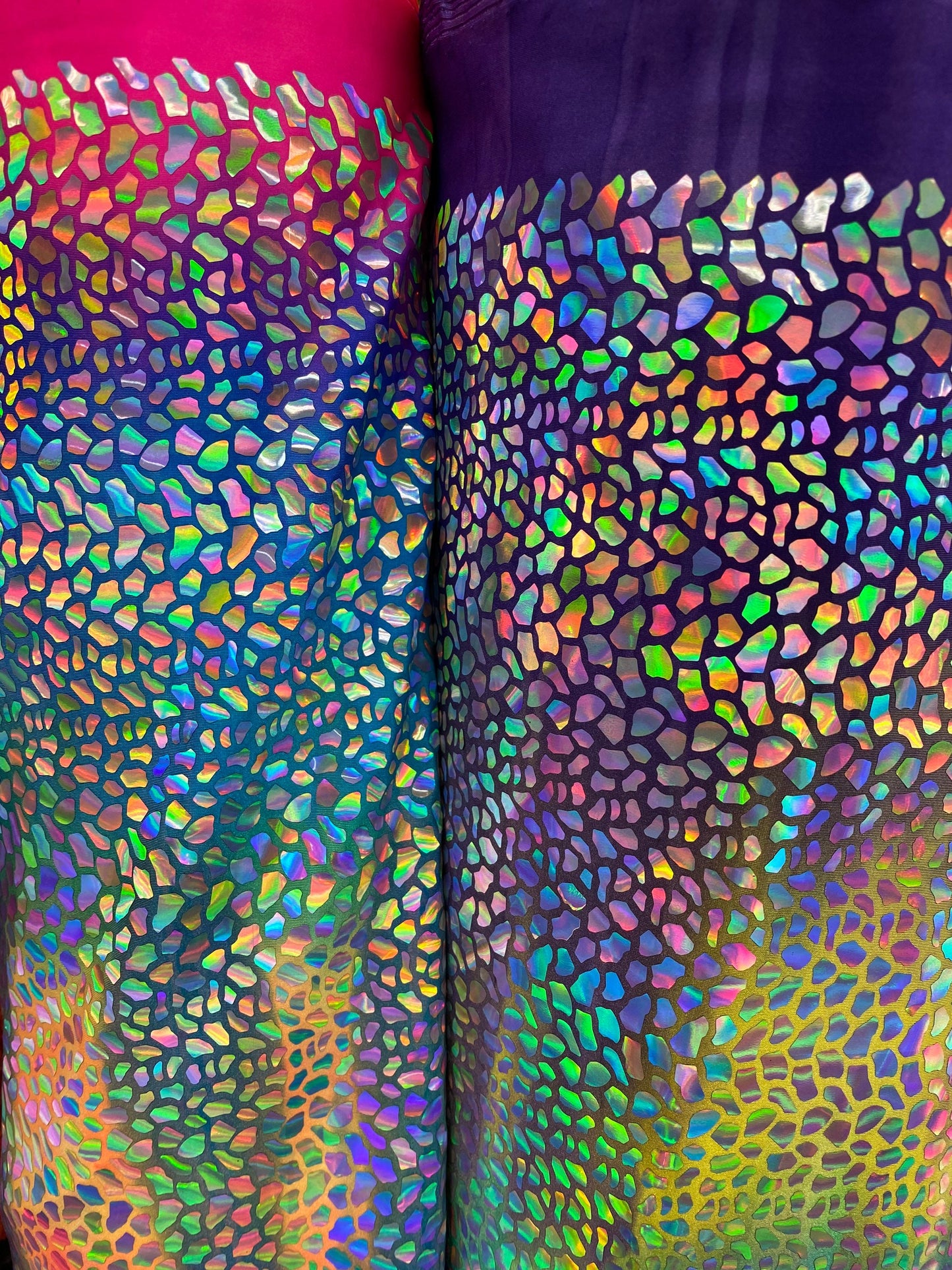 New Dragon scales Iridescent foil on Great tie dye nylon spandex 4-way stretch 58/60” Sold by the YD. New fabric in stock.