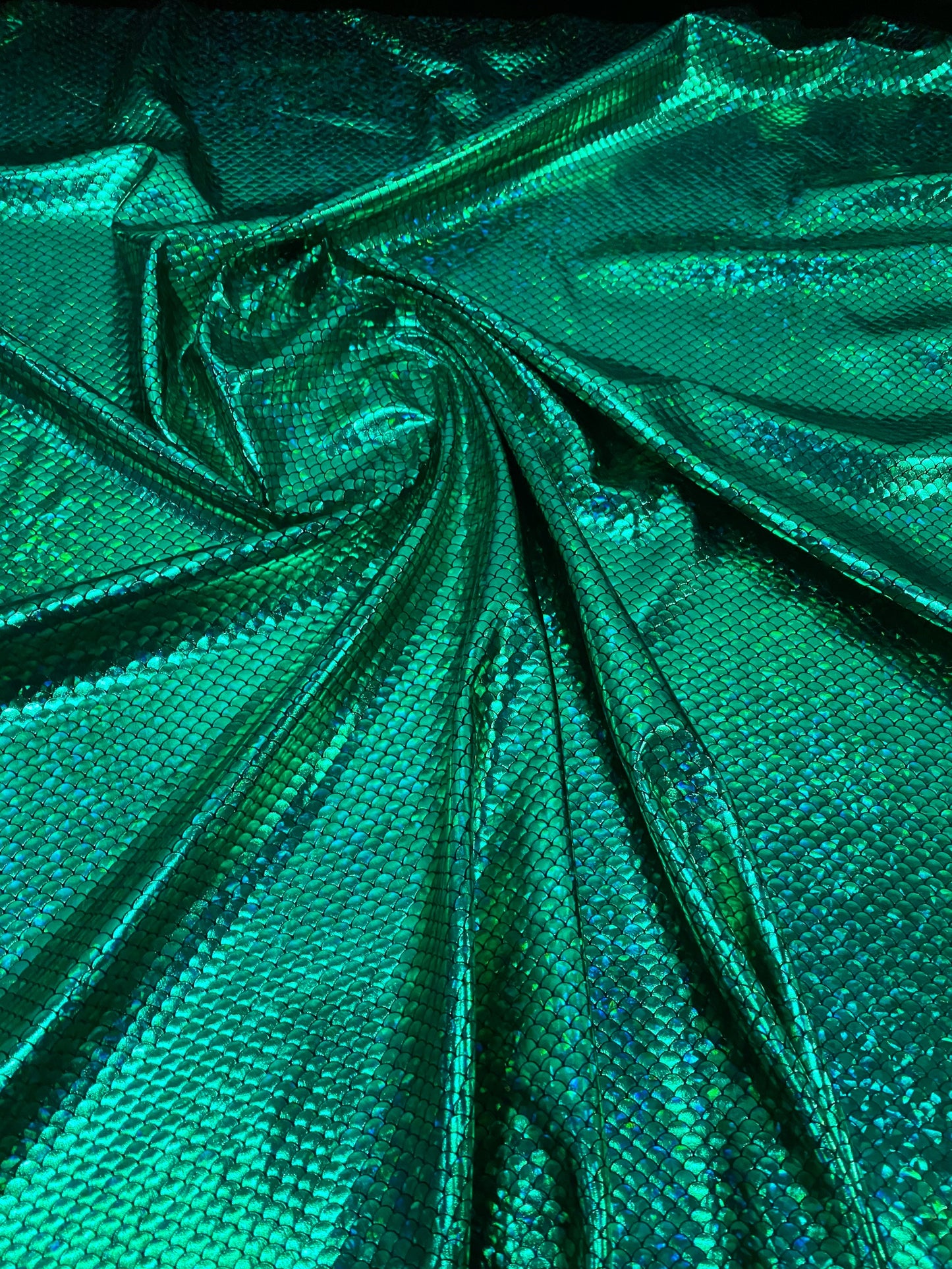 New Mermaid design small size hologram metallic nylon spandex 4-way stretch 58/60” Sold by the YD. Ships worldwide from Los Angeles CA USA.