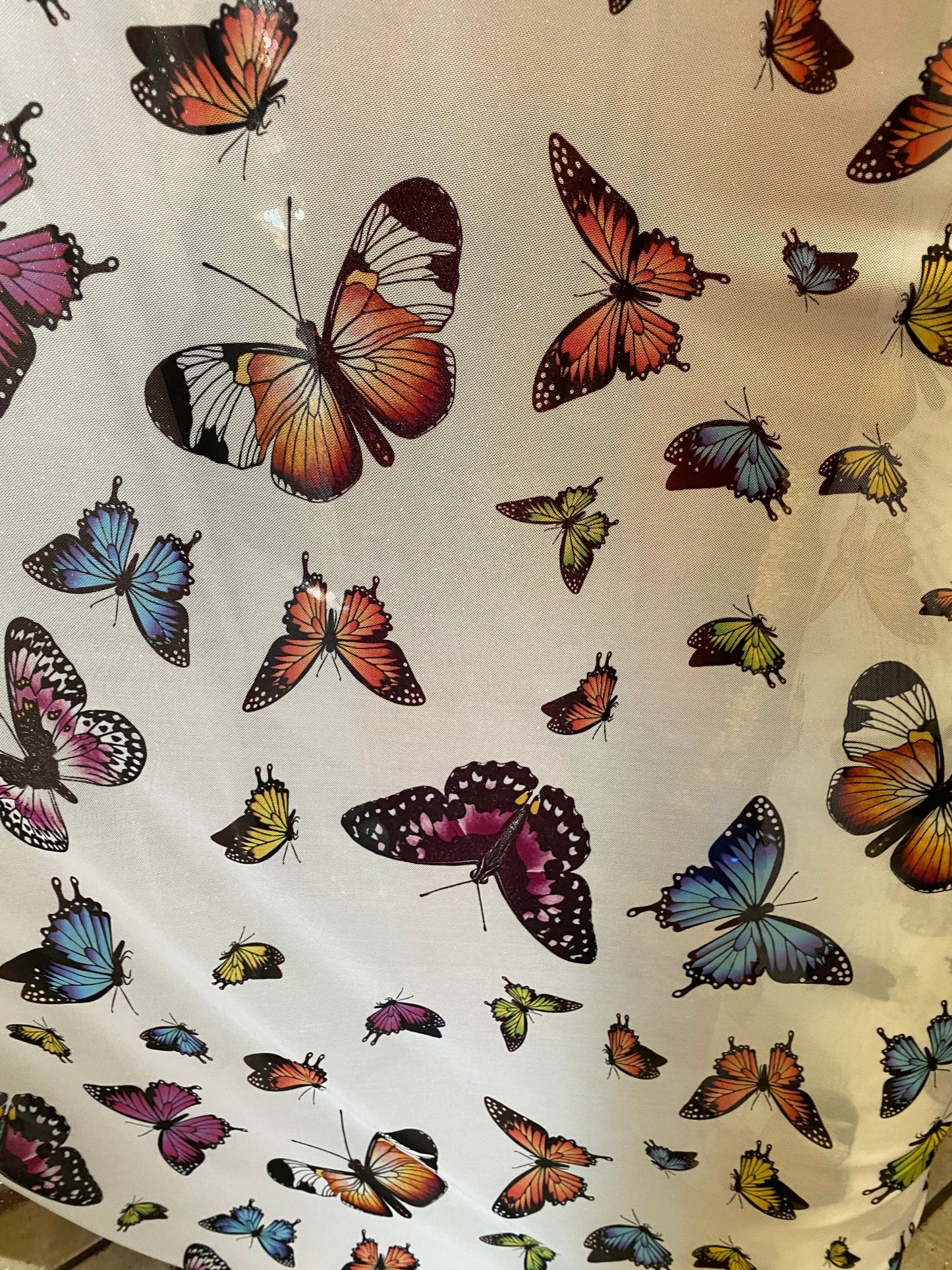 New butterflies design multicolor print on good quality stretch power mesh 4-way stretch 58/60” Sold by the YD. Ships worldwide from L.A CA.