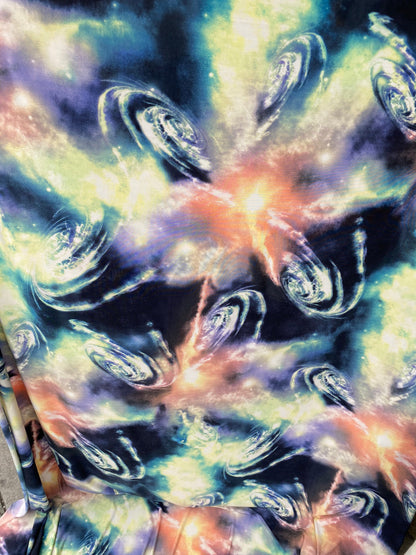 Universe design multicolor print on poly spandex 4-way stretch 58/60” Sold by the YD. Ships worldwide from Los Angeles California USA.