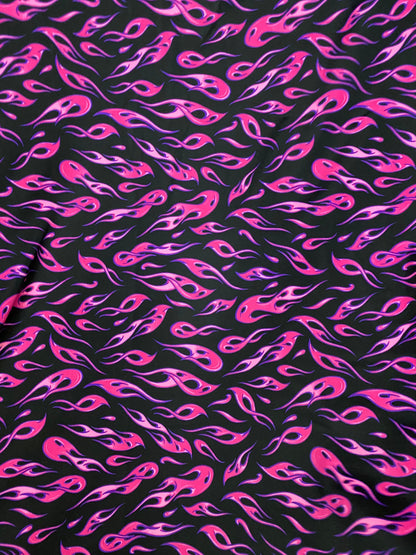 New modern hot flames design it glows in the dark with a black light print on best quality of nylon spandex 4-way stretch 58/60”