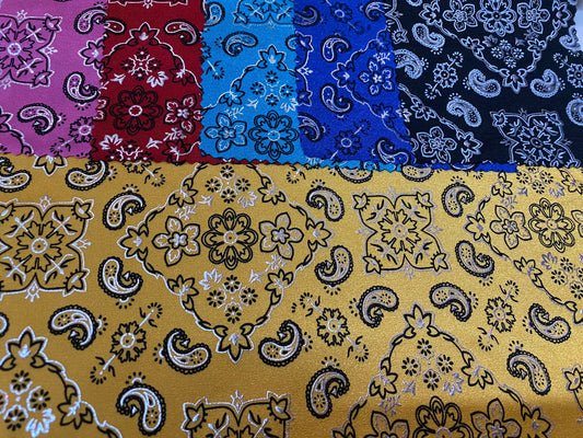 Paisley bandana design  with foil print on best quality of nylon spandex 4-way Stretch 58/60” Sold by the YD. Ships worldwide from L.A CA US