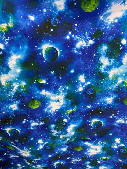 New galaxy design print on heavy nylon spandex 4-way stretch 58/60” Sold by the YD. Ships worldwide from Los Angeles California USA.