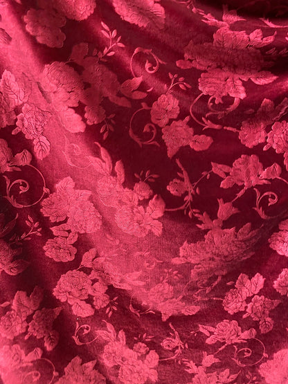 New Italian embossed velvet flower design merlot color luxury 4-way stretch velvet 58/60” Sold by the YD. Ships worldwide from Los Angeles.