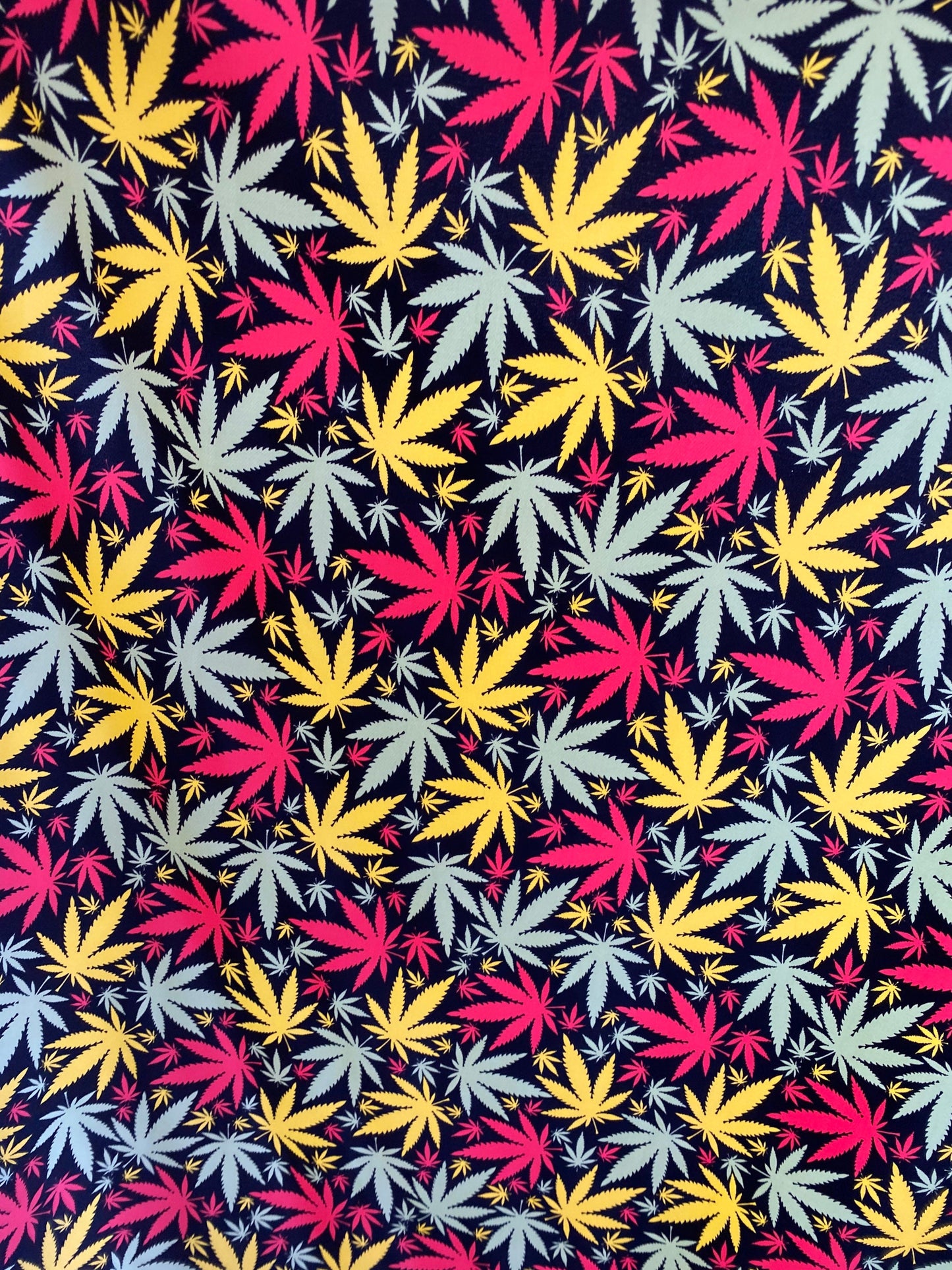 New weed leaf design print on nylon spandex 4-way Stretch 58/60” Sold by the YD. Ships worldwide from Los Angeles California USA.