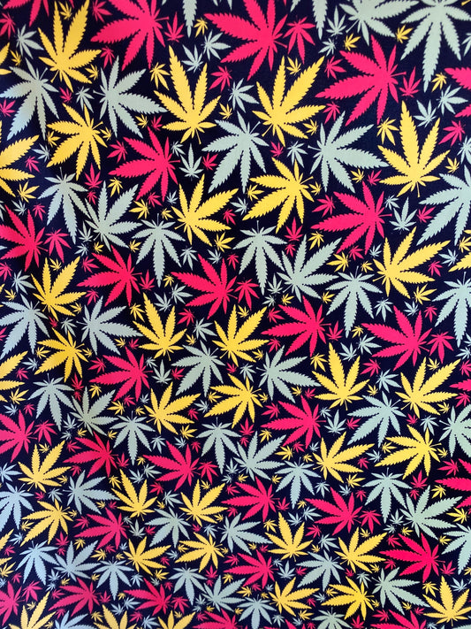 New weed leaf design print on nylon spandex 4-way Stretch 58/60” Sold by the YD. Ships worldwide from Los Angeles California USA.