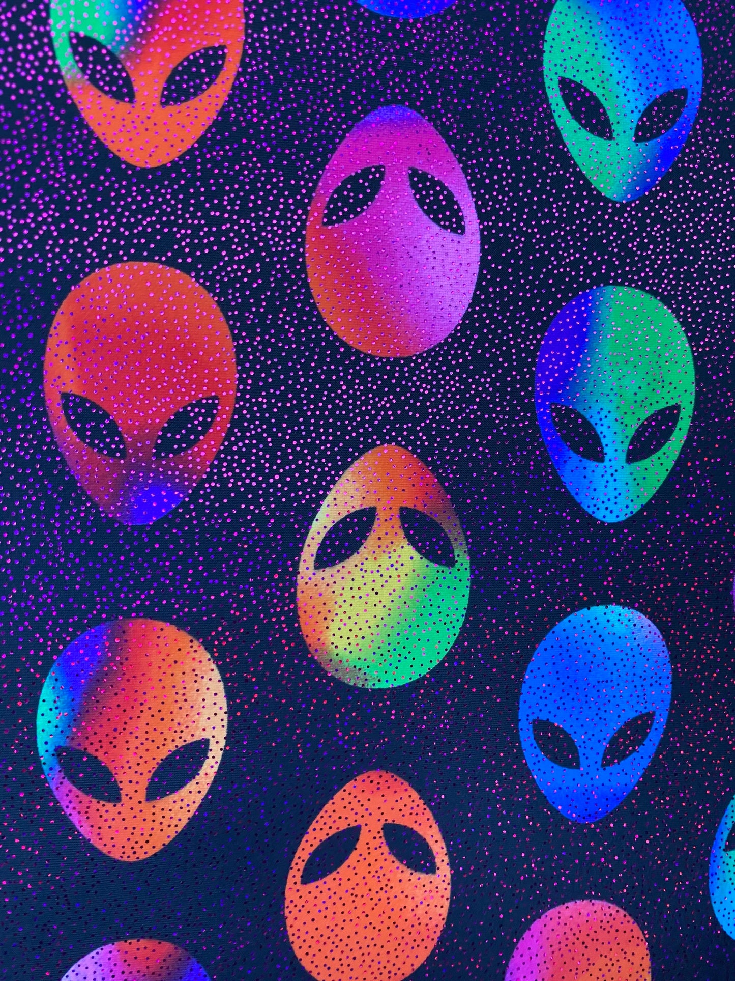 Mars Alien design Uv light it glows in the dark with black light best quality of nylon spandex with foggy foil 4-way stretch 58/60”