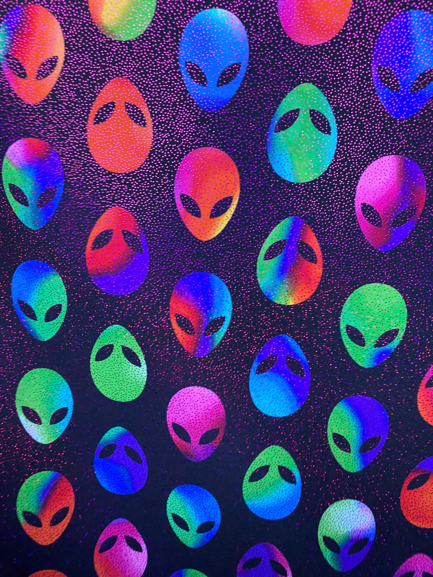 Mars Alien design Uv light it glows in the dark with black light best quality of nylon spandex with foggy foil 4-way stretch 58/60”