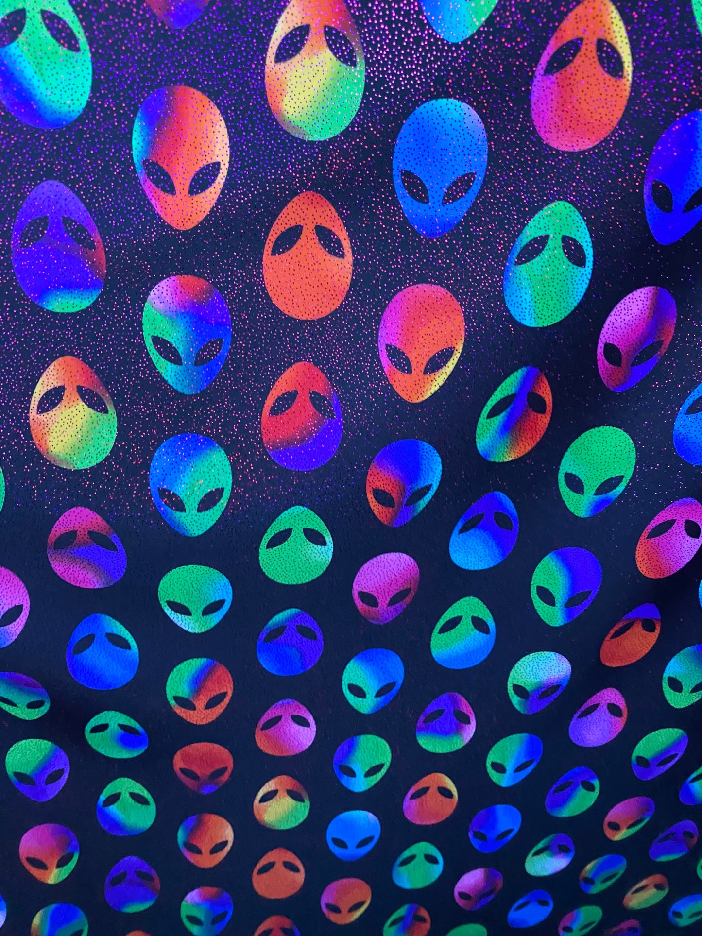 Mars Alien design Uv light it glows in the dark with black light best quality of nylon spandex with foggy foil 4-way stretch 58/60”