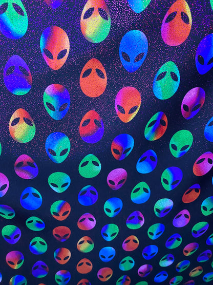 Mars Alien design Uv light it glows in the dark with black light best quality of nylon spandex with foggy foil 4-way stretch 58/60”