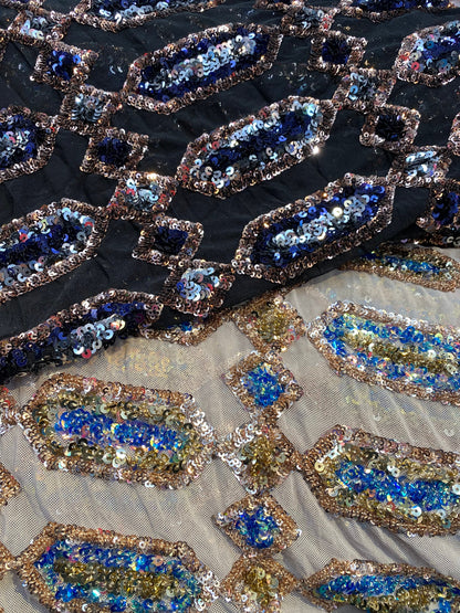 New geometric avatar iridescent sequins on stretch mesh 2-way 50/52” Sold by the YD. Ships worldwide from Los Angeles California USA.