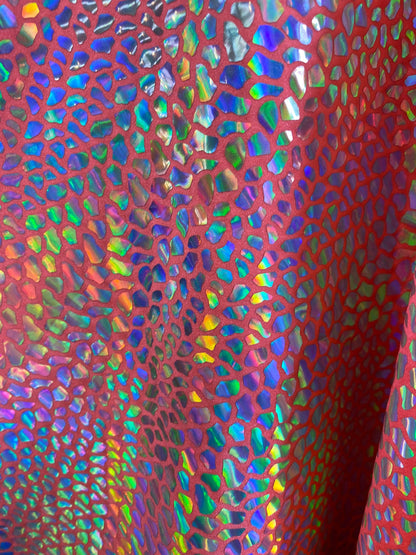 New dragon scales iridescent foil on nylon spandex 4-way stretch hologram metallic fabric 58/60” Sold by the YD. Ships worldwide from L.A CA