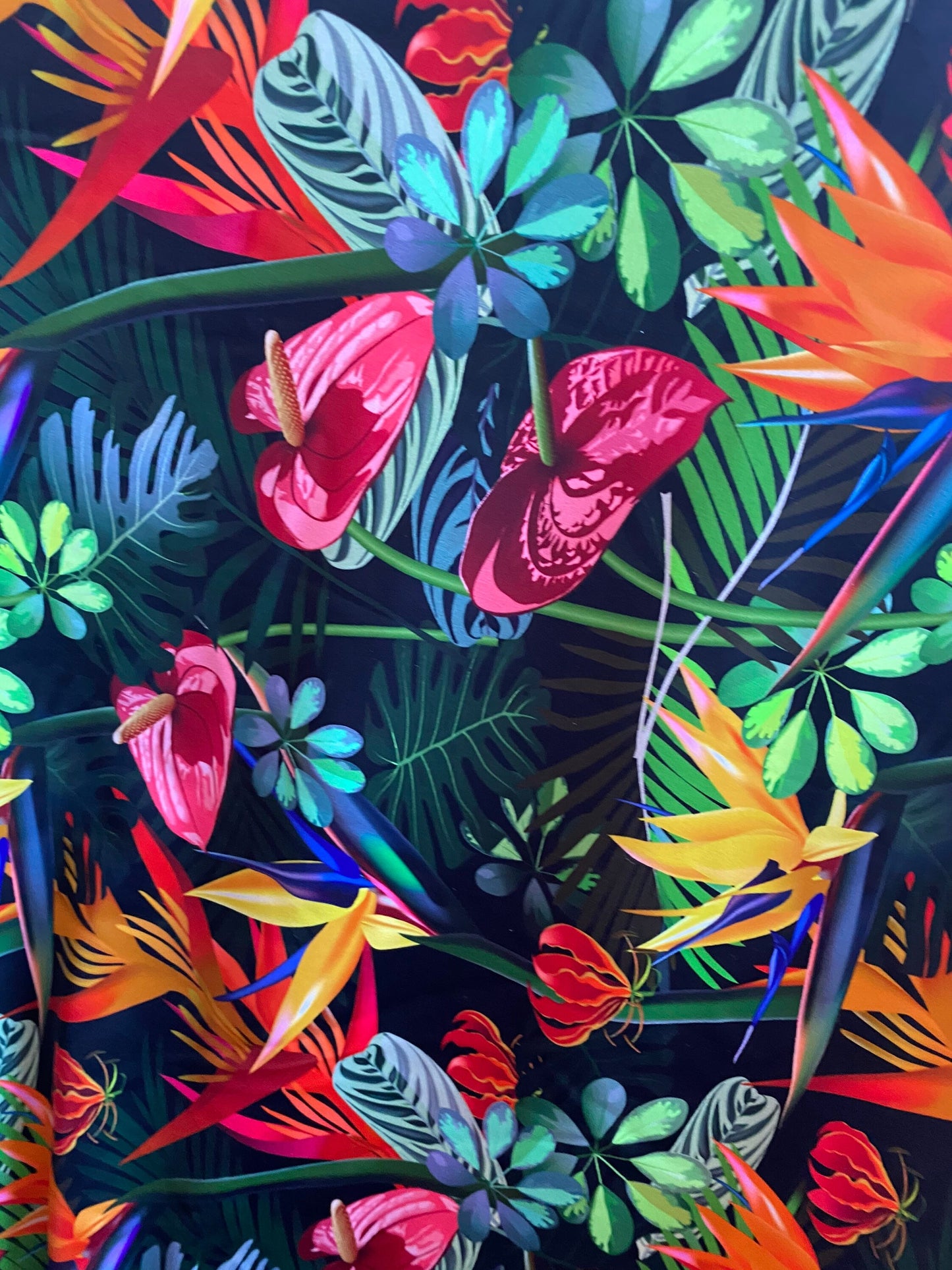 New paradise tropical design black multi great quality of nylon spandex 4-way stretch 58/60” Sold by the YD. Ships worldwide from Los CA USA