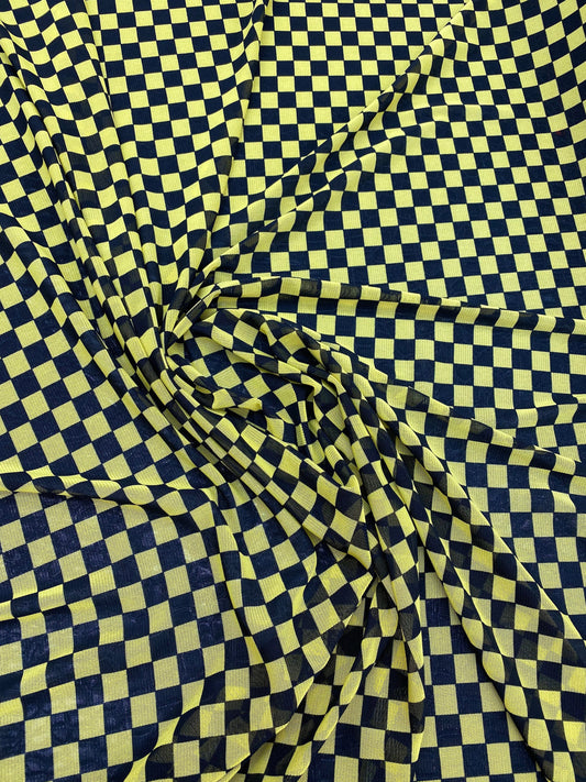 New small Checkered design yellow/black print on power mesh 4-way stretch 58/60” Sold by the YD. Ships worldwide from Los Angeles California