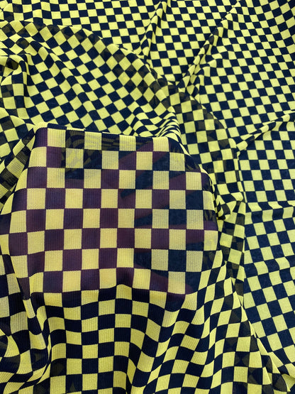 New small Checkered design yellow/black print on power mesh 4-way stretch 58/60” Sold by the YD. Ships worldwide from Los Angeles California