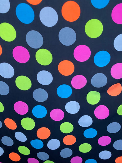 New multicolor polka dots design print on poly spandex 4-way stretch medium weight 58/60” Sold by the YD. Ships worldwide from Los Angeles