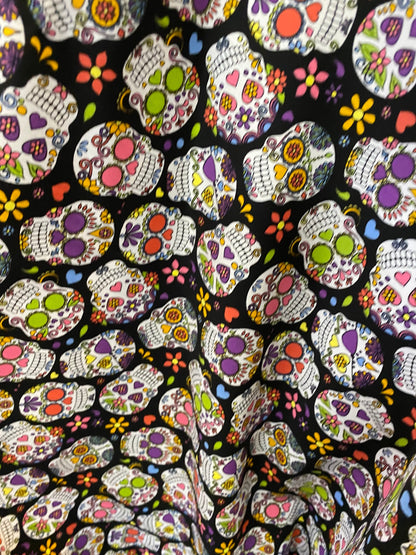 100% cotton skull print design multicolor very soft fabric non stretch fabric 54/55” Sold by the YD. Ships worldwide from Los Angeles CA.