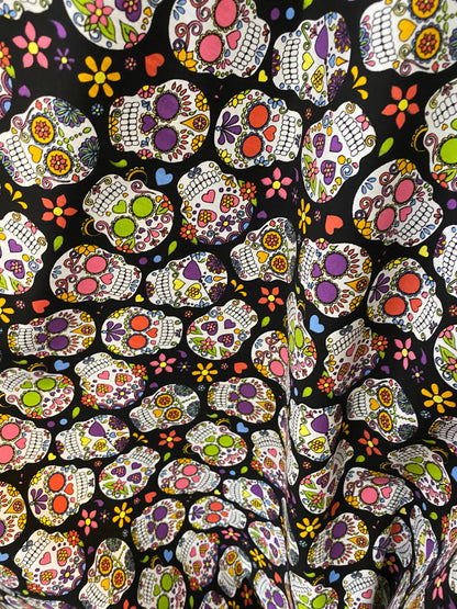 100% cotton skull print design multicolor very soft fabric non stretch fabric 54/55” Sold by the YD. Ships worldwide from Los Angeles CA.