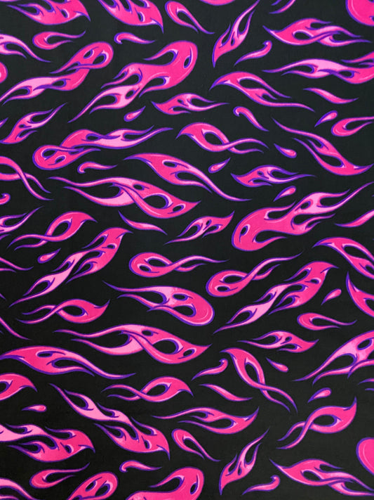 New modern hot flames design it glows in the dark with a black light print on best quality of nylon spandex 4-way stretch 58/60”