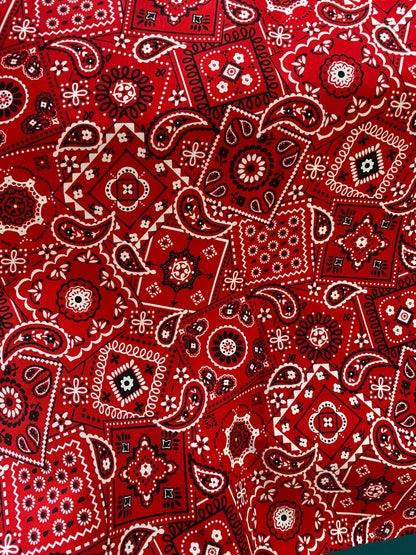 100% cotton red bandana paisley design print on great quality of cotton soft fabric 54/55” Sold by the YD. Ships worldwide from Los Angeles