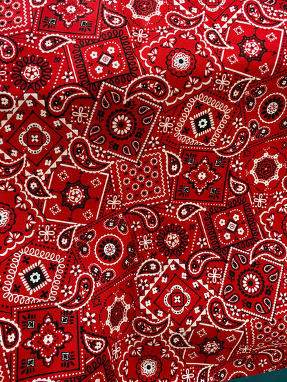 100% cotton red bandana paisley design print on great quality of cotton soft fabric 54/55” Sold by the YD. Ships worldwide from Los Angeles