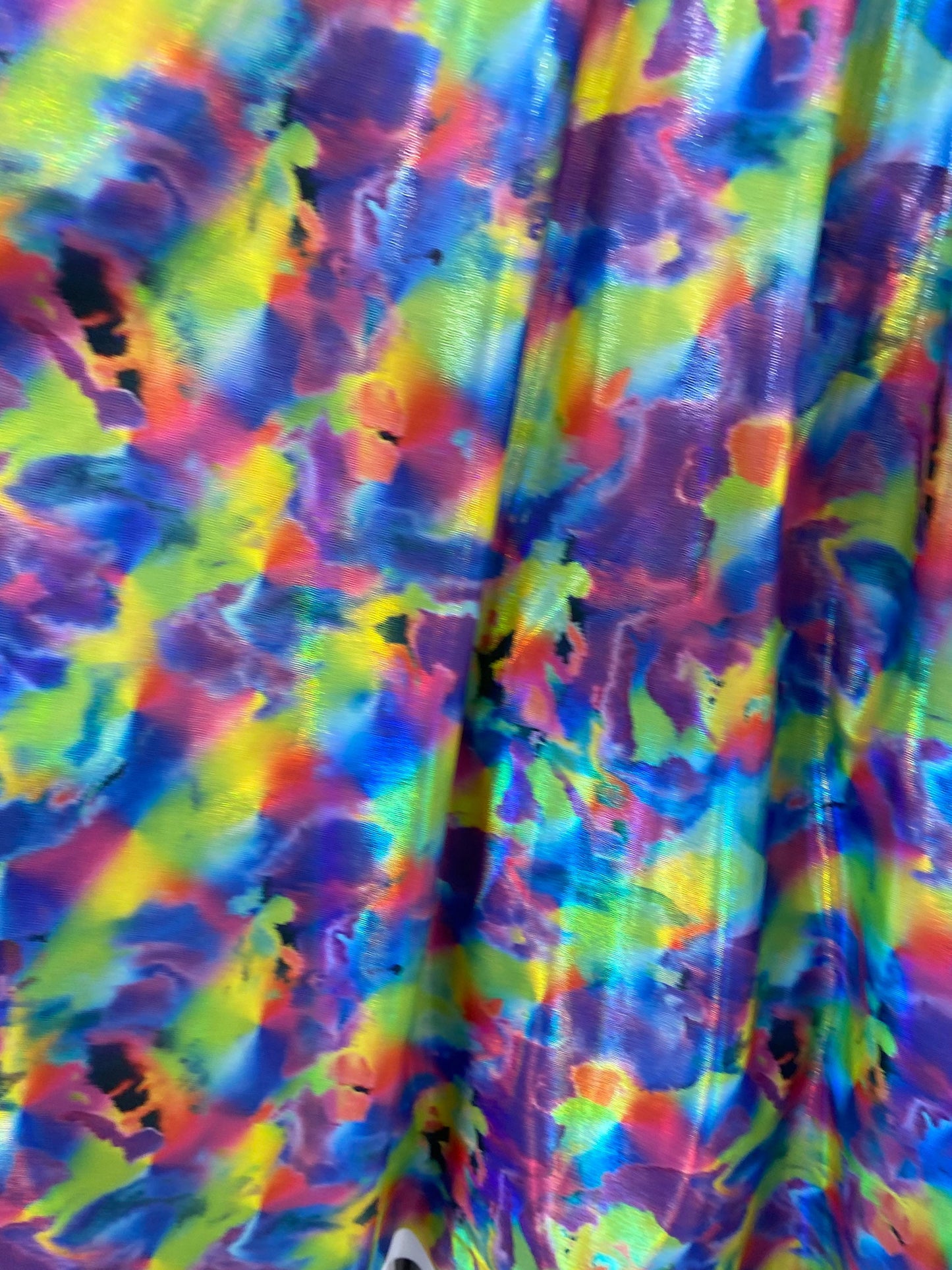 New modern abstract design blue multicolor digital foil print lacer hologram metallic nylon spandex 4-way stretch 58/60” Sold by the YD.