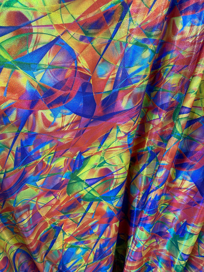 New abstract pollock painting inspired design digital foil print lacer hologram metallic nylon spandex 4-way stretch 58/60” Sold by the YD.