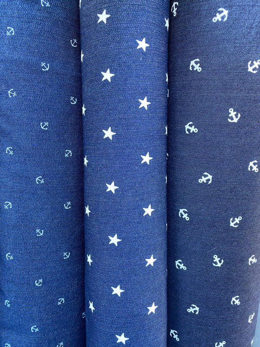 New stretch denim anchor design and stars design 2-way stretch 54/55” Sold by the YD. Ships worldwide from Los Angeles California USA.